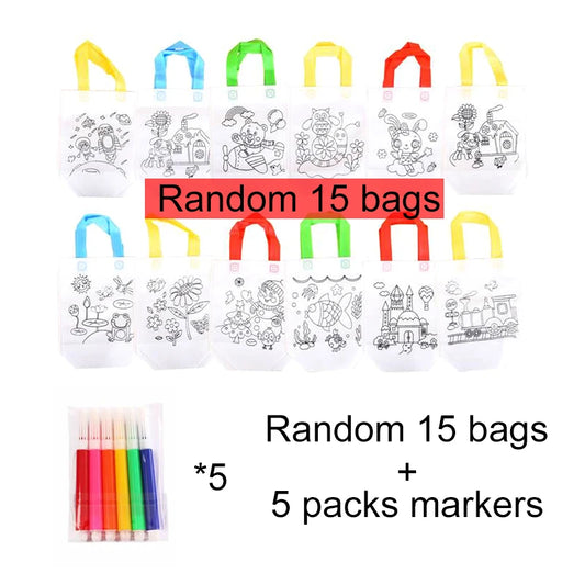 20Pcs DIY Graffiti Bag Coloring Markers Handmade Painting Non-Woven Bags for Children Arts Crafts Color Filling Drawing Toy